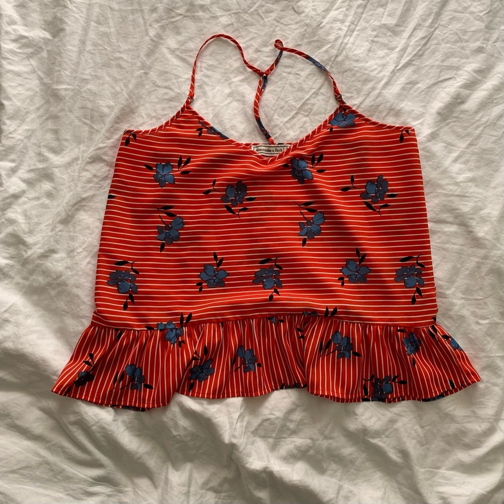 Abercrombie & Fitch Red Striped Floral Tank Top With Floral Pattern Size Medium